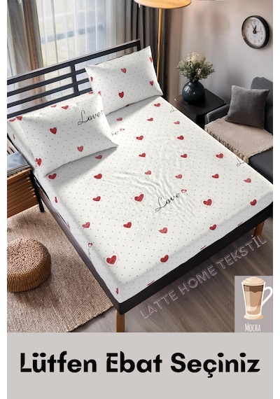 Mocha Love & Kalp Desenli Pamuklu Kumaş Lastikli Çarşaf Takımı Beyaz - Kırmızı