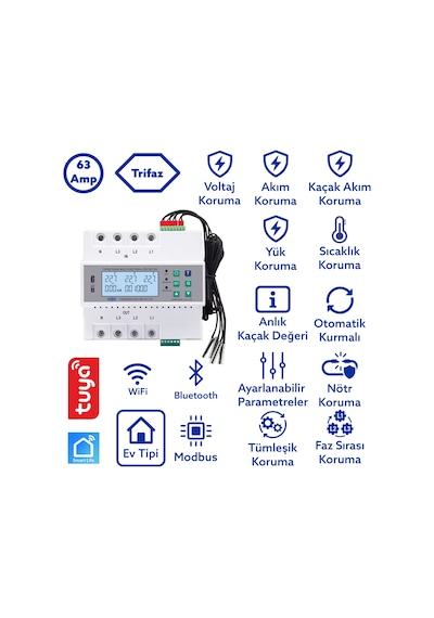 Tomzn Akıllı Trifaz Kaçak Akım Koruma Özellikli Voltaj Ve Akım Koruyucu Röle 63a Wifi Özellikli