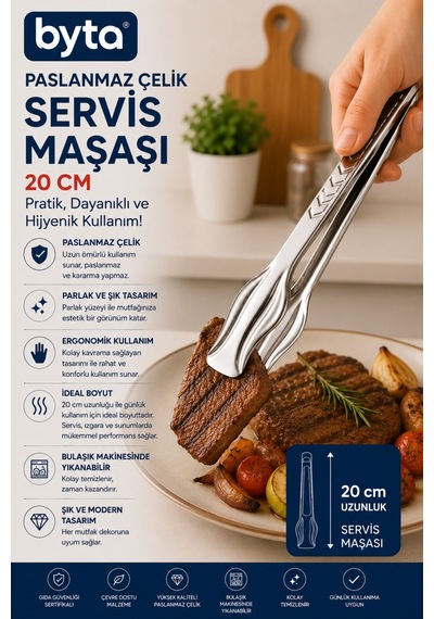 Paslanmaz Çelik Servis Maşası 20 Cm Ergonomik Mutfak Ve Izgara Maşası Gri
