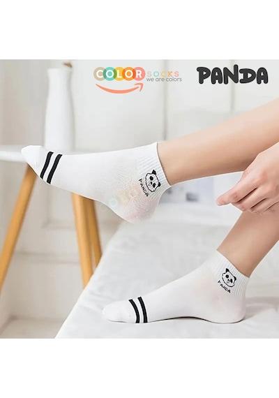 5 Çift Beyaz Panda Desenli Yarım Kolej Kadın Çorap Seti Beyaz