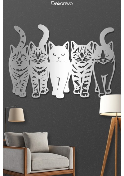 Kedi Çetesi Beşli Kedi Silüeti Metal Duvar Dekoru - Metal Duvar Sanatı - Gümüş - 75 X 50 Cm