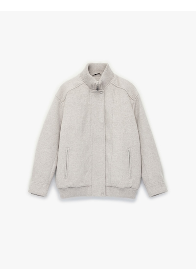 Koton Fermuarlı Cepli Dik Yaka Uzun Kollu Oversize Kaşe Bomber Mont Vizon 6sak20025ew