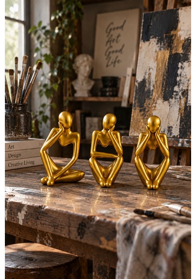 Ev & Ofis Dekoru - Gold 3'lü Heykel Seti Insan Vücut Sanatı