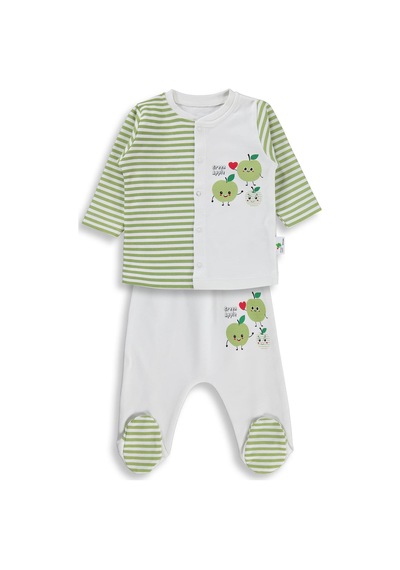 Nova Baby Yeşil Elma Kokulu Önden Açık 1-6 Ay Pijama Takımı - Ekru