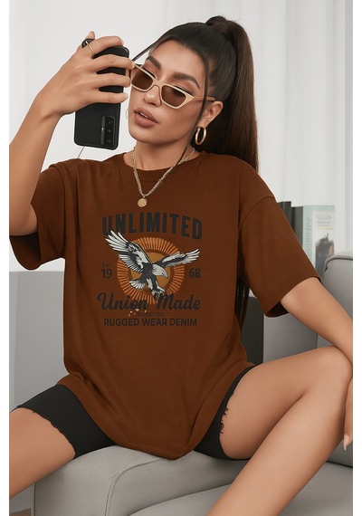 Unlimited Baskılı Oversize T-shirt Kahverengi