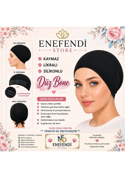 Enefendi Silikonlu Düz Bone Kaymayan Tesettür Hijab İç Bone Dikişsiz Siyah Çok Renkli