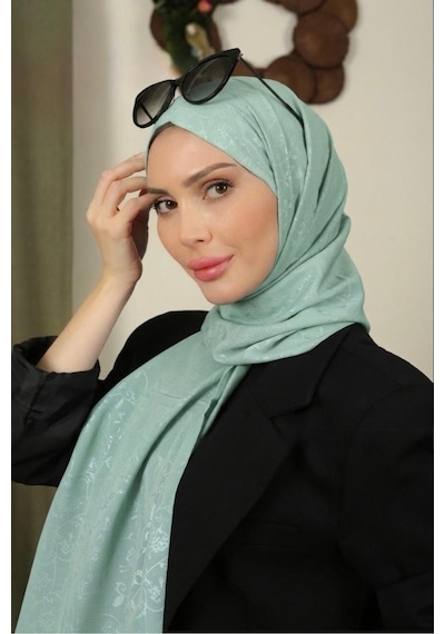 Flora Tekstil Çiçekli Desen İnce Medine İpeği Jakar Şal Mint Yeşili