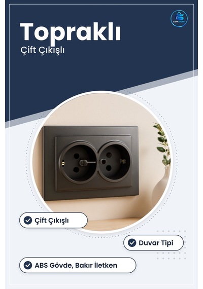 Siyah Topraklı Çift Çıkışlı Priz Duvar Tipi Ev Ofis Atölye Elektr