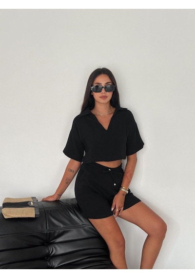Hgfashion Crop Şort Takım Siyah Renk Siyah