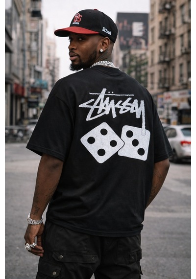 Unisex Stussy Zar Sırt Baskılı Oversize Kalın Kumaş Bol Kalıp Unisex T-shirt Siyah