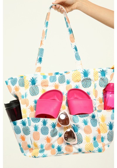 İcone Bag Kadın Çantası, Fonksiyonel Baskılı Plaj Çanta, Beach Bag, Karpuz Tropical Desenli Fermuarlı Çanta Yeşil - Sarı