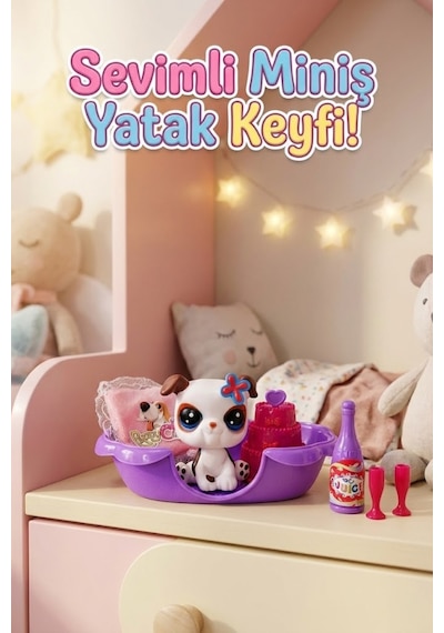 Sevimli Miniş Figürlü Yatak Odası Oyun Seti - Aksesuarlı Köpek Oyuncak Hediye Seti Hayvanlar