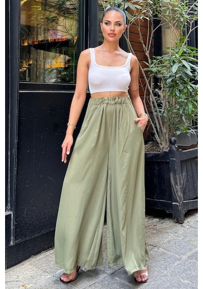 WeShaya Kadın Haki Beli Lastikli,cepli, Bol Paça, Salaş Krep Pantolon - Tesettüre Uygun Haki WeShaya Kadın Haki Beli Lastikli,cepli, Bol Paça, Salaş Krep Pantolon - Tesettüre Uygun Haki