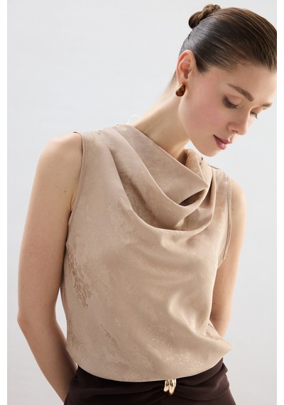 Sateen Degaje Yaka Bluz - Bej-136753 Bej
