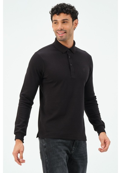 Uzun Kollu Regular Fit Erkek Polo Yaka T-shirt Siyah