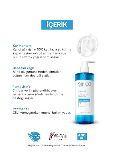 Sinoz Hydrapro Kuru ve Hassas Ciltler için Nemlendiricili Yüz Temizleme Jeli 400 ML