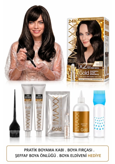 Maxx Deluxe Golden Beauty Set Saç Boyası 3.0 Koyu Kahve 2 'li + Fırça+pratik Boyama Kabı