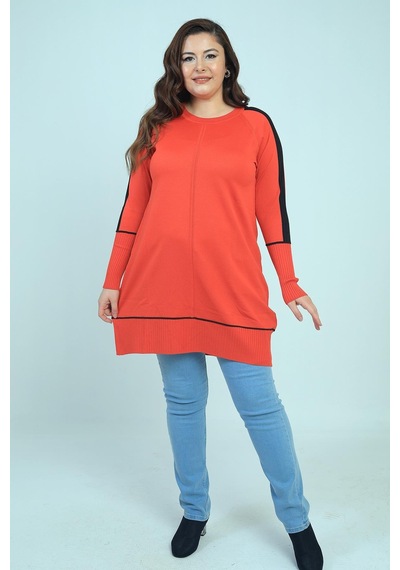By Saygı Kadın Kolları Şeritli Büyük Beden Tunik Bluz-41849 Oranj