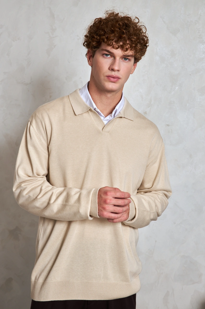 Erkek Pamuklu Polo Yaka Oversize Triko Kazak Krem