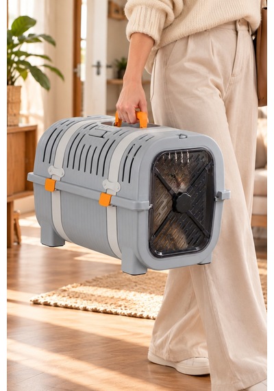 Porsima 0000 Premium Kedi Taşıma Çantası Ve Kafesi - Emniyet Kemer Yuvalı, Havalandırmalı Kedi & Küçük Irk Köpek Taşıma Kutusu Gri / Sarı