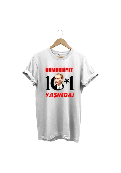 29 Ekim Cumhuriyet Bayramı Atatürk Ay Yıldız Baskılı Cumhuriyet 101 Yaşında Türkiye Beyaz T-shirt Beyaz