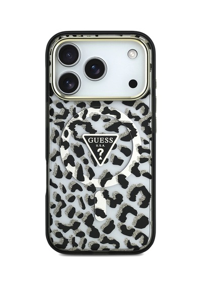 Apple iPhone Uyumlu 18 Pro Kılıf Guess  Lisanslı M-safeli Üçgen Logolu Simli Leopar Desenli Kapak Siyah