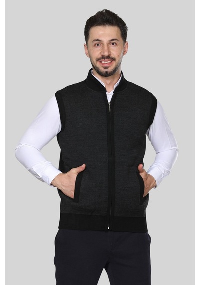 Kzc Tekstil Erkek Orta Yaş Ve Üzeri Triko Örgü Akrilik Kışlık Kalın Dokulu Fermuarlı Baba Yelek Siyah