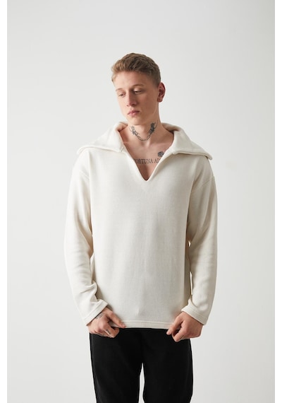 R-5850 Yaka Detaylı Örme Sweat Ekru