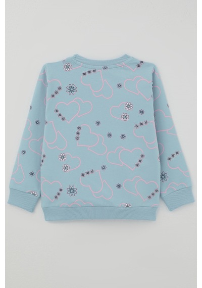 Breeze Kız Çocuk Cool Sweatshirt Çiçek Desenli Kalpli 3-8 Yaş , Açık Mavi