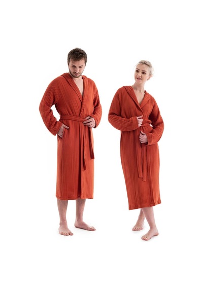 Unisex Kapşonlu 4 Kat Müslin Bornoz - Kiremit