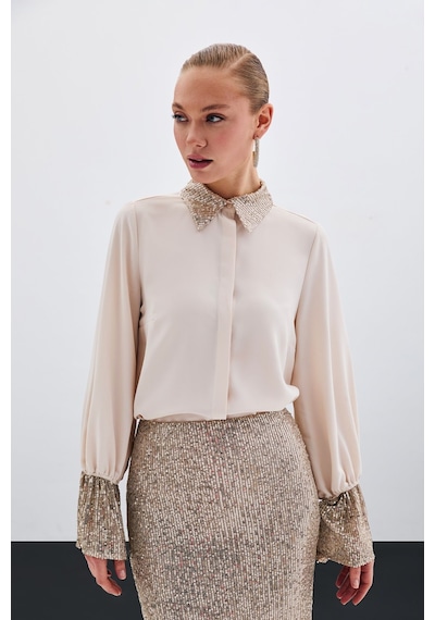 Sateen Payet Detaylı Gömlek - Bej-135616 Bej