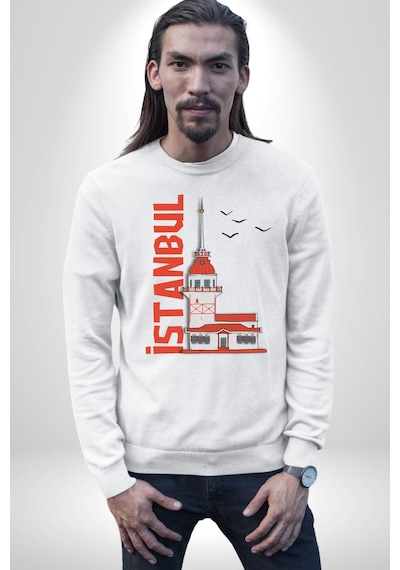 İstanbul Kız Kulesi Türkiye Unisex Beyaz Sweatshirt Beyaz