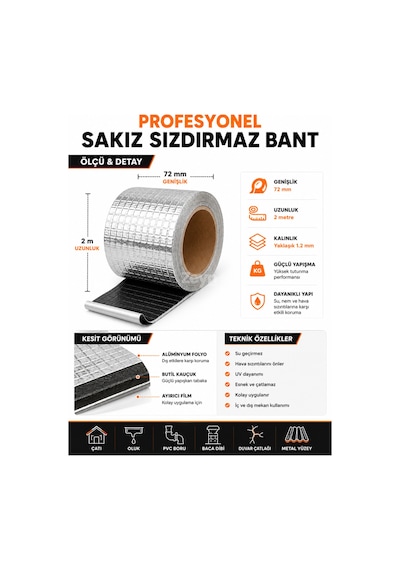 72 Mm X 2 Metre Sakız Sızdırmaz Bant Butil Alüminyum İzolasyon Bandı Su, Nem Ve Hava Sızıntı Tamir Bandı