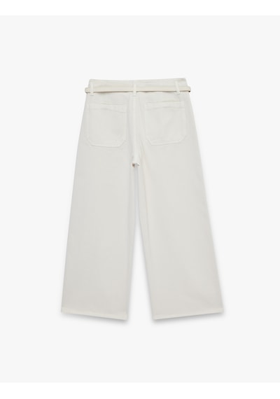 Koton Kemer Detaylı Pamuklu Kısa Geniş Paça Pantolon - Wide Leg Jeans Ekru 6sal40052mw