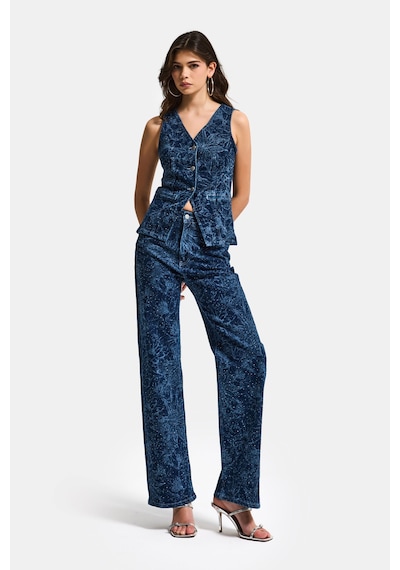 it's basic Kadın Mavi 1s6-7 Straight Fit Çiçek Desenli Parlak Taşlı Tasarım Elastan Denim Jean