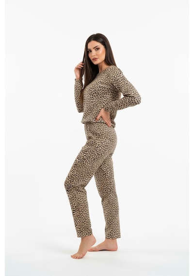 Bisiklet Yaka Süet Pijama Takımı 6006 Leopar Kahverengi