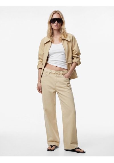 Koton Pamuklu Yüksek Bel Kemerli Geniş Paça Pantolon - Wide Leg Jeans Ekru 6sal40060mw