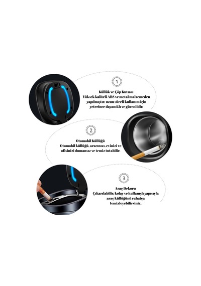 Araç İçi Küllük Işıklı Kapaklı Yanmaz Koku Geçirmez Multi Fonksiyon Üniversal Siyah Glz03504051