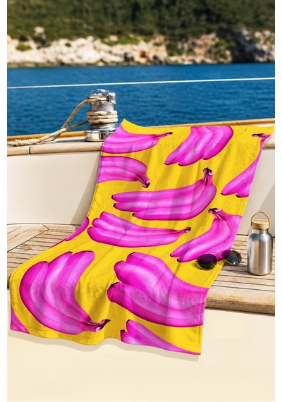 Muz Desenli Tropikal Sarı Pembe Plaj Havlusu - Modern Pop Art Yazlık Hızlı Kuruyan Mikrofiber Havlu Çok Renkli