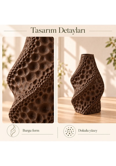 Dekoratif Vazo Burgu Formlu Taş Dokulu Modern Kuru Çiçeklik Kahverengi