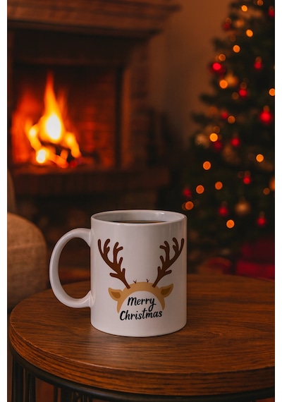 Merry Christmas Geyik Boynuzu Tasarımlı Kupa Model 235 Yılbaşı Temalı Seramik Kahve Kupası Çok Renkli