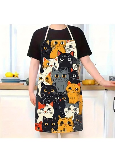 Valkyrie Kedi Desenli Mutfak Önlüğü Cepli Ayarlanabilir Askılı Unisex Mutfak Pişirme Servis Temizlik Önlüğü Siyah