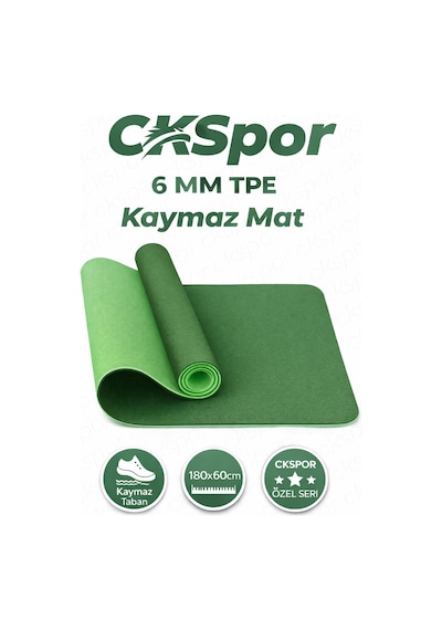 CKSpor Profesyonel Tpe Yoga Matı 6 Mm Kaymaz Taban Çift Katmanlı Spor Matı Yeşil
