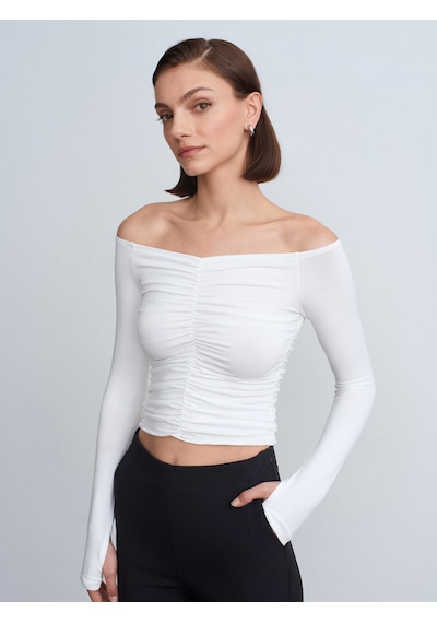Dilvin 32089 Omuzları Açık Büzgülü Top-ekru Ekru
