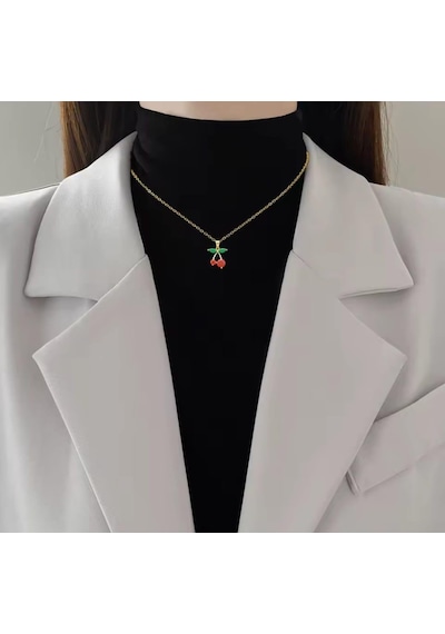 Kiraz Gold Kolye Küpe Çelik Takı Seti Gümüş - Rose Gold