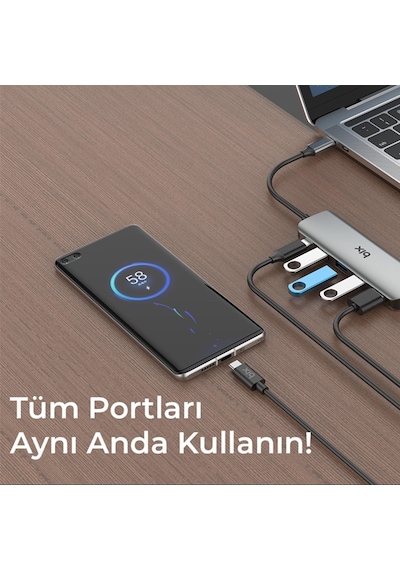 Tr Bx07hb Usb-c Hub 4x Usb 3.0 Pd Şarj 5gbps Mac Windows Uyumlu Alüminyum Çoklayıcı Gri Adaptör Hub