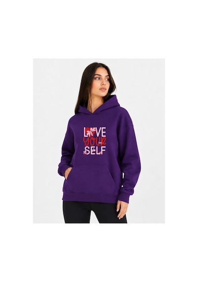 Herkesemoda Love Your Self Baskılı Kapüşonlu 2 İplik Şardonlu Sweatshirt Mor