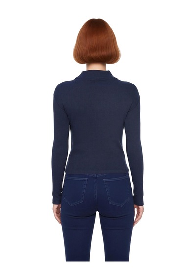 Ersefa Moda Dik Yaka Örme Slim Düz Desen Casual Günlük Regular Uzun Kol Lacivert