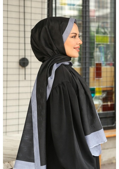 Premium Lux Original Monogram Şal İpek Vual, Yüksek Kalite, Hafif, Rahat, Şık, Tesettür, Shawl Siyah - Gri