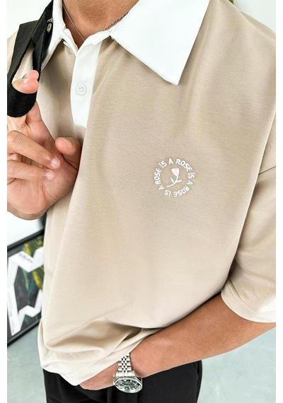 Krem Rose Polo Yaka Outplenty Premium Oversize Tişört Krem